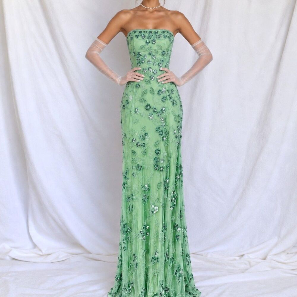 Vintage Y2K Green Strapless Floral Beaded Mesh Bodycon Maxi Prom Dress Size M